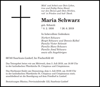 Todesanzeige von Maria Schwarz von saarbruecker_zeitung