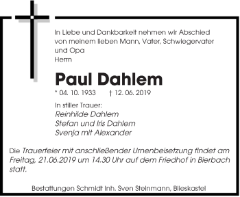 Todesanzeige von Paul Dahlem von saarbruecker_zeitung