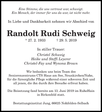 Todesanzeige von Randolt Rudi Schweig von saarbruecker_zeitung