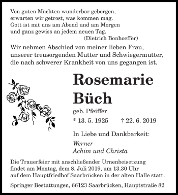 Todesanzeige von Rosemarie Büch von saarbruecker_zeitung