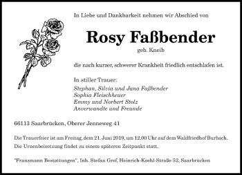 Todesanzeige von Rosy Faßbender von saarbruecker_zeitung