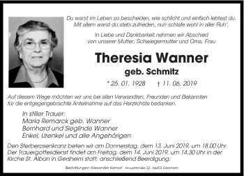 Todesanzeige von Theresia Wanner von saarbruecker_zeitung