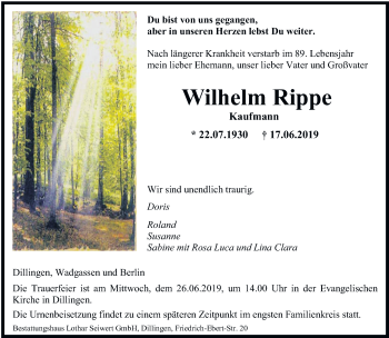 Todesanzeige von Wilhelm Rippe von saarbruecker_zeitung