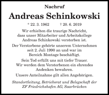 Todesanzeige von Andreas Schinkowski von saarbruecker_zeitung
