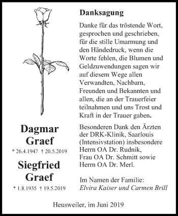 Todesanzeige von Dagmar und Siegfried Graef von saarbruecker_zeitung