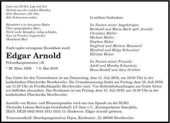 Todesanzeige von Edgar Arnold von saarbruecker_zeitung