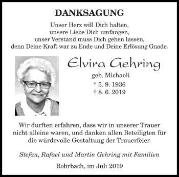 Todesanzeige von Elvira Gehring von saarbruecker_zeitung