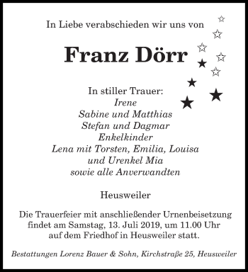 Todesanzeige von Franz Dörr von saarbruecker_zeitung