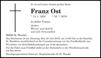 Todesanzeige von Franz Ost von saarbruecker_zeitung