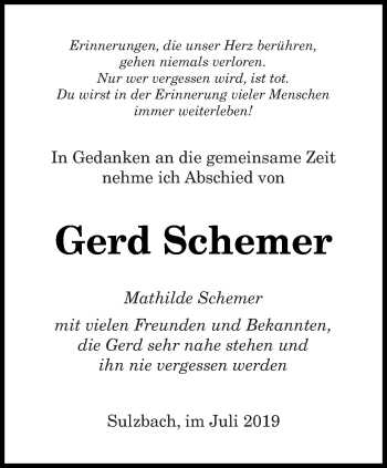 Todesanzeige von Gerd Schemer von saarbruecker_zeitung