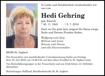 Todesanzeige von Hedi Gehring von saarbruecker_zeitung