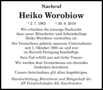 Todesanzeige von Heiko Worobiow von saarbruecker_zeitung