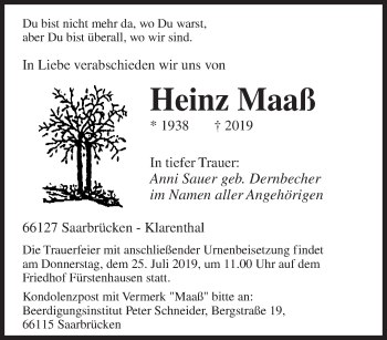 Todesanzeige von Heinz Maaß von saarbruecker_zeitung