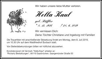 Todesanzeige von Hella Kaul von saarbruecker_zeitung
