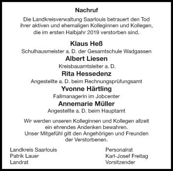 Todesanzeige von Im Gedenken Landkreisverwaltung Saarlouis von saarbruecker_zeitung
