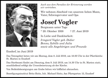 Todesanzeige von Josef Vogler von saarbruecker_zeitung