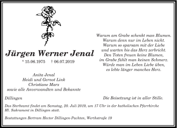 Todesanzeige von Jürgen Werner Jenal von saarbruecker_zeitung