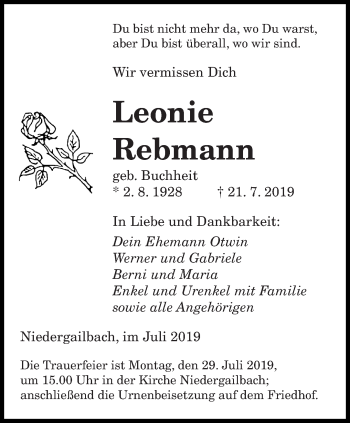 Todesanzeige von Leonie Rebmann von saarbruecker_zeitung