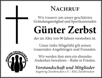 Todesanzeige von Günter Zerbst von saarbruecker_zeitung