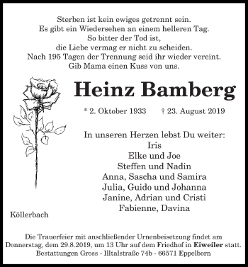 Todesanzeige von Heinz Bamberg von saarbruecker_zeitung