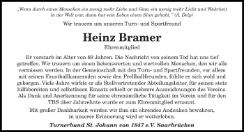 Todesanzeige von Heinz Bramer von saarbruecker_zeitung
