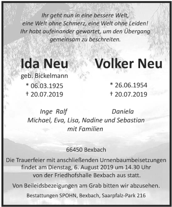 Todesanzeige von Ida und Volker Neu von saarbruecker_zeitung