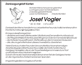 Todesanzeige von Josef Vogler von saarbruecker_zeitung