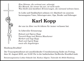 Todesanzeige von Karl Kopp von saarbruecker_zeitung