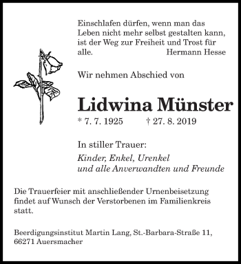 Todesanzeige von Lidwina Münster von saarbruecker_zeitung