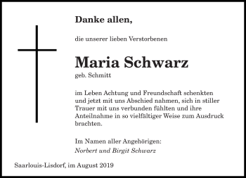 Todesanzeige von Maria Schwarz von saarbruecker_zeitung
