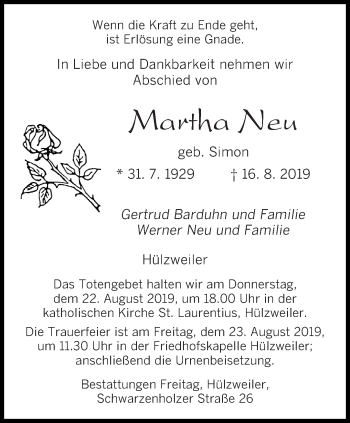 Todesanzeige von Martha Neu von saarbruecker_zeitung