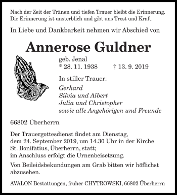 Todesanzeige von Annerose Guldner von saarbruecker_zeitung