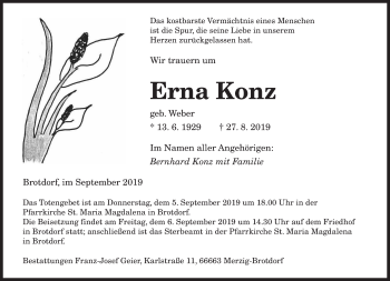 Todesanzeige von Erna Konz von saarbruecker_zeitung