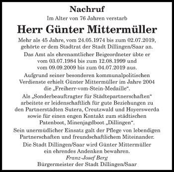 Todesanzeige von Günter Mittermüller von saarbruecker_zeitung