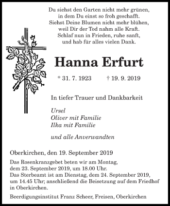Todesanzeige von Hanna Erfurt von saarbruecker_zeitung