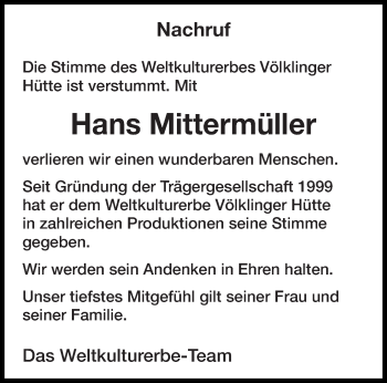 Todesanzeige von Hans Mittermüller von saarbruecker_zeitung