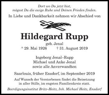Todesanzeige von Hildegard Rupp von saarbruecker_zeitung