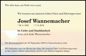 Todesanzeige von Josef Wannemacher von saarbruecker_zeitung