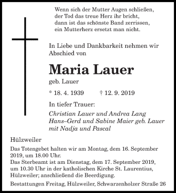 Todesanzeige von Maria Lauer von saarbruecker_zeitung