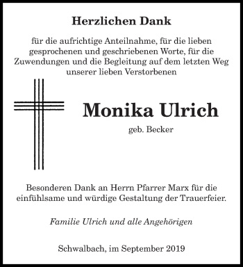 Todesanzeige von Monika Ulrich von saarbruecker_zeitung