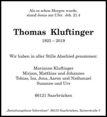 Todesanzeige von Thomas Kluftinger von saarbruecker_zeitung