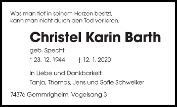 Todesanzeige von Christel Karin Barth von saarbruecker_zeitung