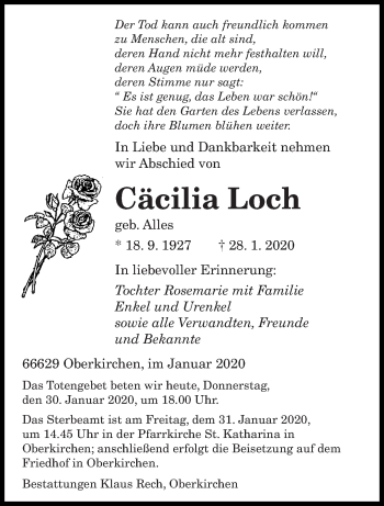 Todesanzeige von Cäcilia Loch von saarbruecker_zeitung