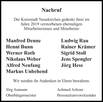 Todesanzeige von Die Kreisstadt Neunkirchen gedenkt ihrer im Jahr 2019 verstorbenen ehemaligen Mitarbeiterinnen und Mitarbeiter von saarbruecker_zeitung