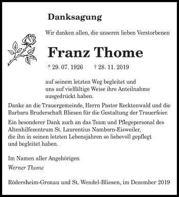 Todesanzeige von Franz Thome von saarbruecker_zeitung