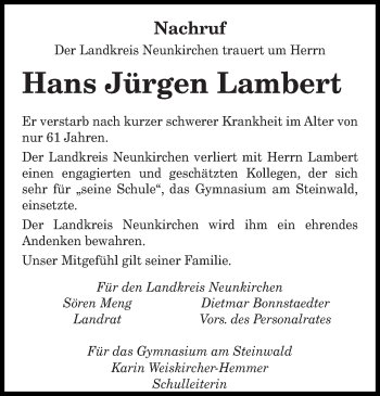 Todesanzeige von Hans Jürgen Lambert von saarbruecker_zeitung