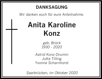 Todesanzeige von Anita Karoline Konz von saarbruecker_zeitung
