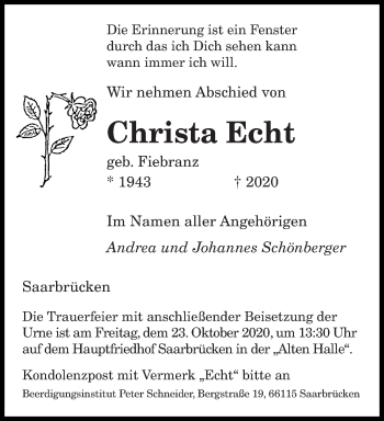 Todesanzeige von Christa Echt von saarbruecker_zeitung