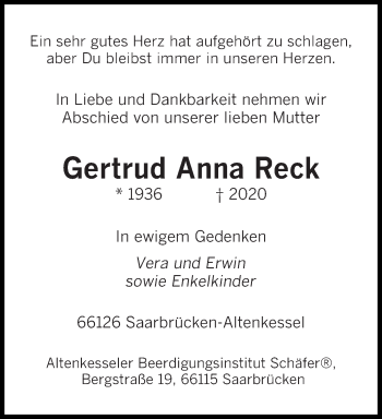 Todesanzeige von Gertrud Anna Reck von saarbruecker_zeitung