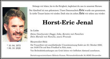 Todesanzeige von Horst-Eric Jenal von saarbruecker_zeitung